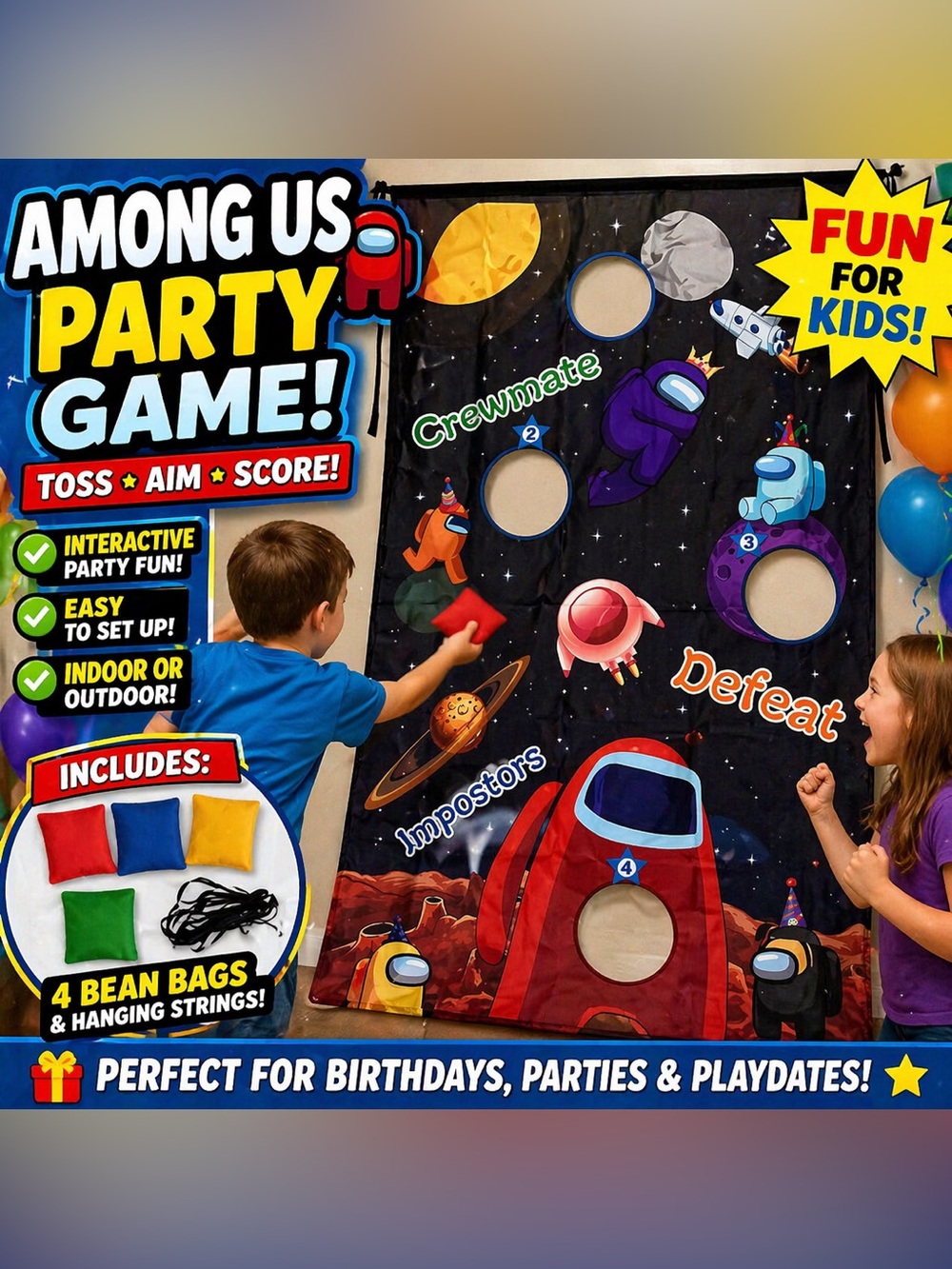 Among Us Party Toss Game Banner Kids Birthday Decor Bean Bags Activity Set